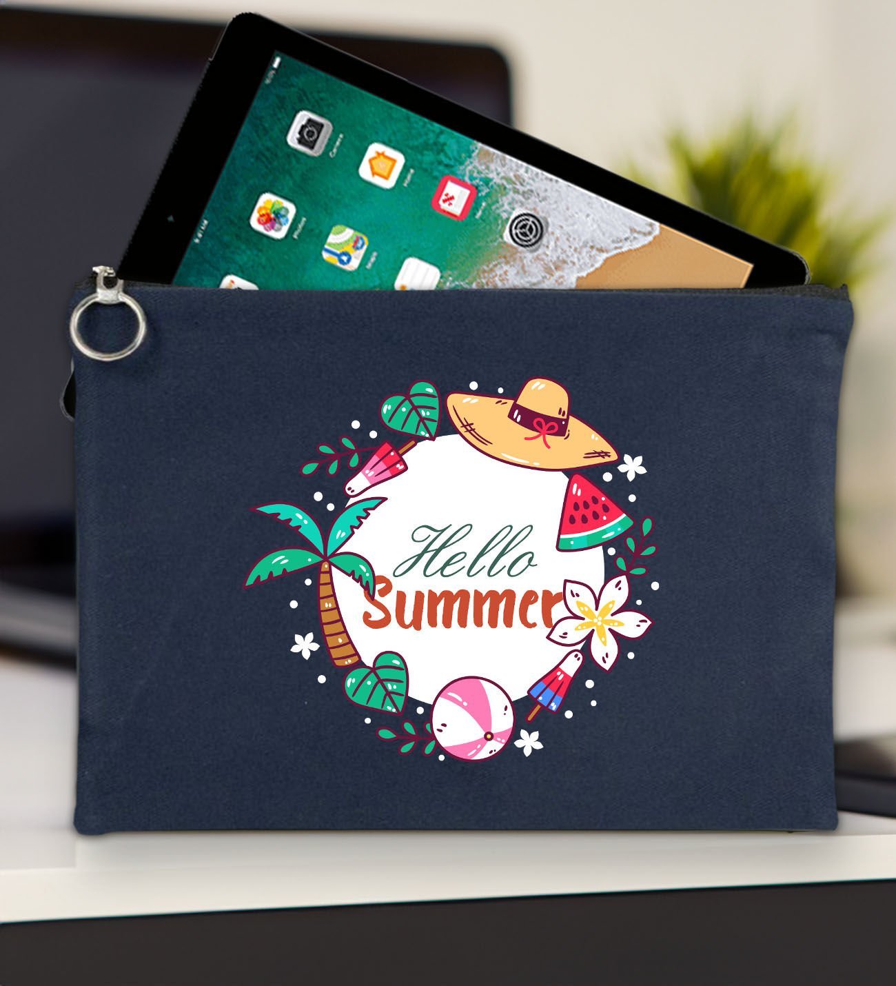 BK Gİft Yaz Temalı-4 Lacivert Tablet Çantası 30x21cm, Ipad Çantası, Baskılı Tablet Kılıfı
