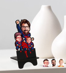 Kişiye Özel Süper Baba 2 Çocuk Karikatürlü Ahşap Biblo Telefon Standı-1