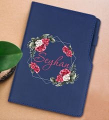 BK Gift Kişiye Özel Çiçek Tasarımlı Lacivert Termo Deri Not Defteri 15x21cm-15