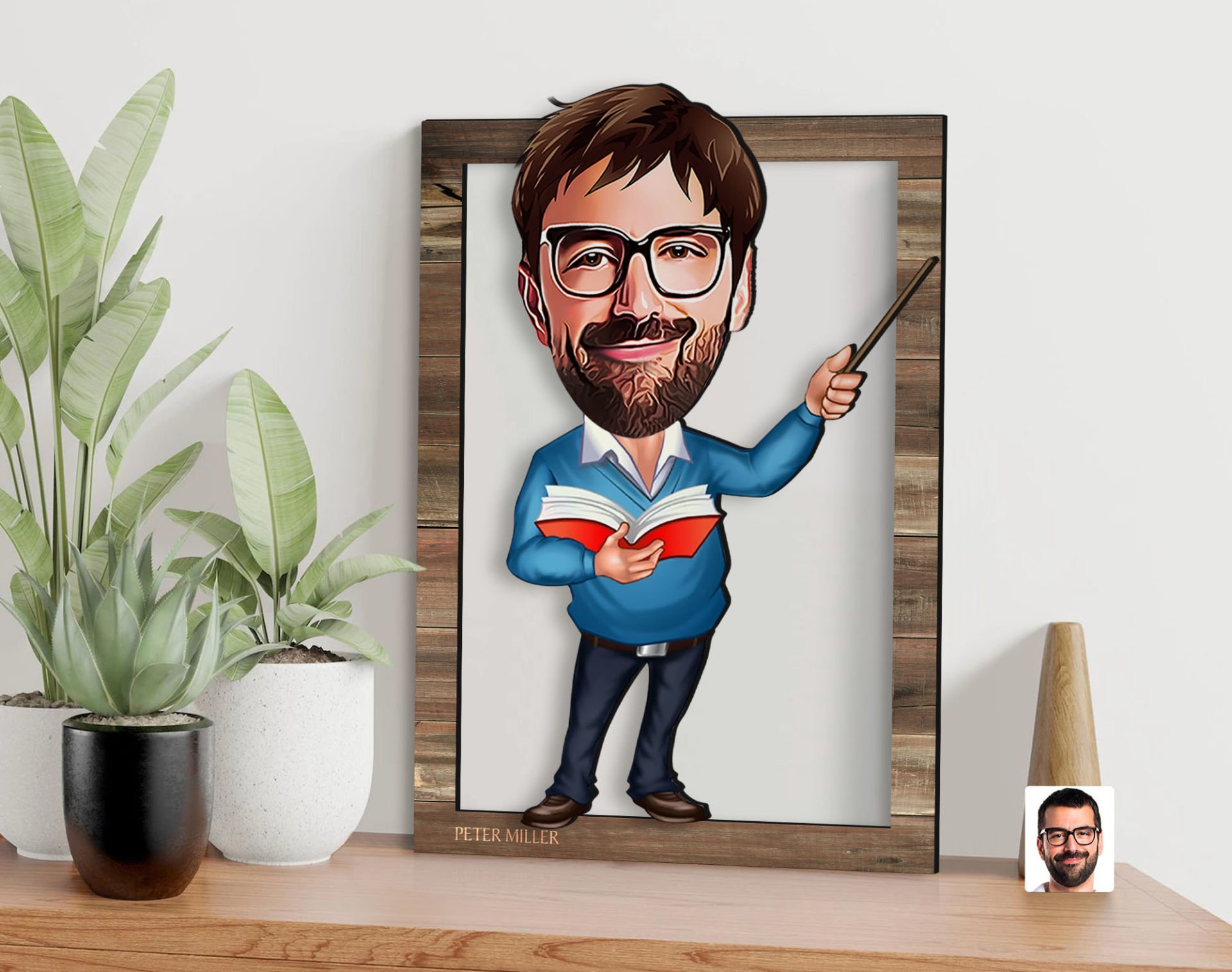 BK Gift Kişiye Özel Erkek Öğretmen Karikatürlü 3D Ahşap Tablo, Sevgiliye Hediye, Arkadaşa Hediye, Yıl Dönümü Hediyesi, Doğum Günü Hediyesi-3