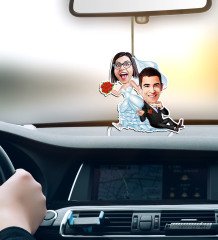 Kişiye Özel Evleniyoruz Karikatürlü Ahşap Araba Dikiz Ayna Süsü-2