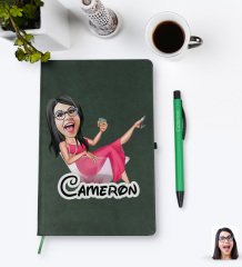 Kişiye Özel Kadın Patroniçe Karikatürlü Yeşil Termo Deri Defter Kalem Seti Model 1