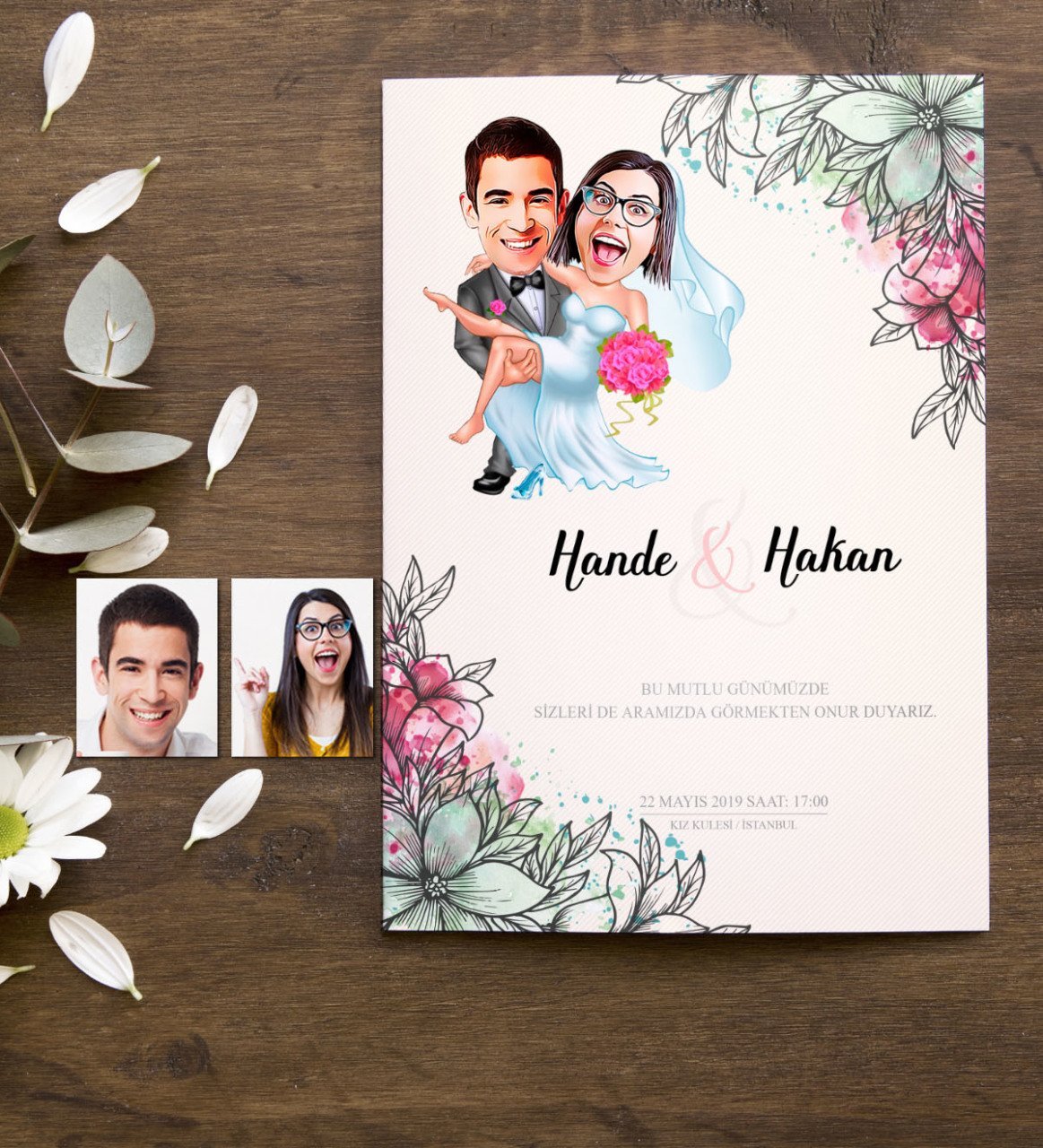 Kişiye Özel Karikatürlü Nikah & Düğün Davetiyesi Model 9 (50 Adet)