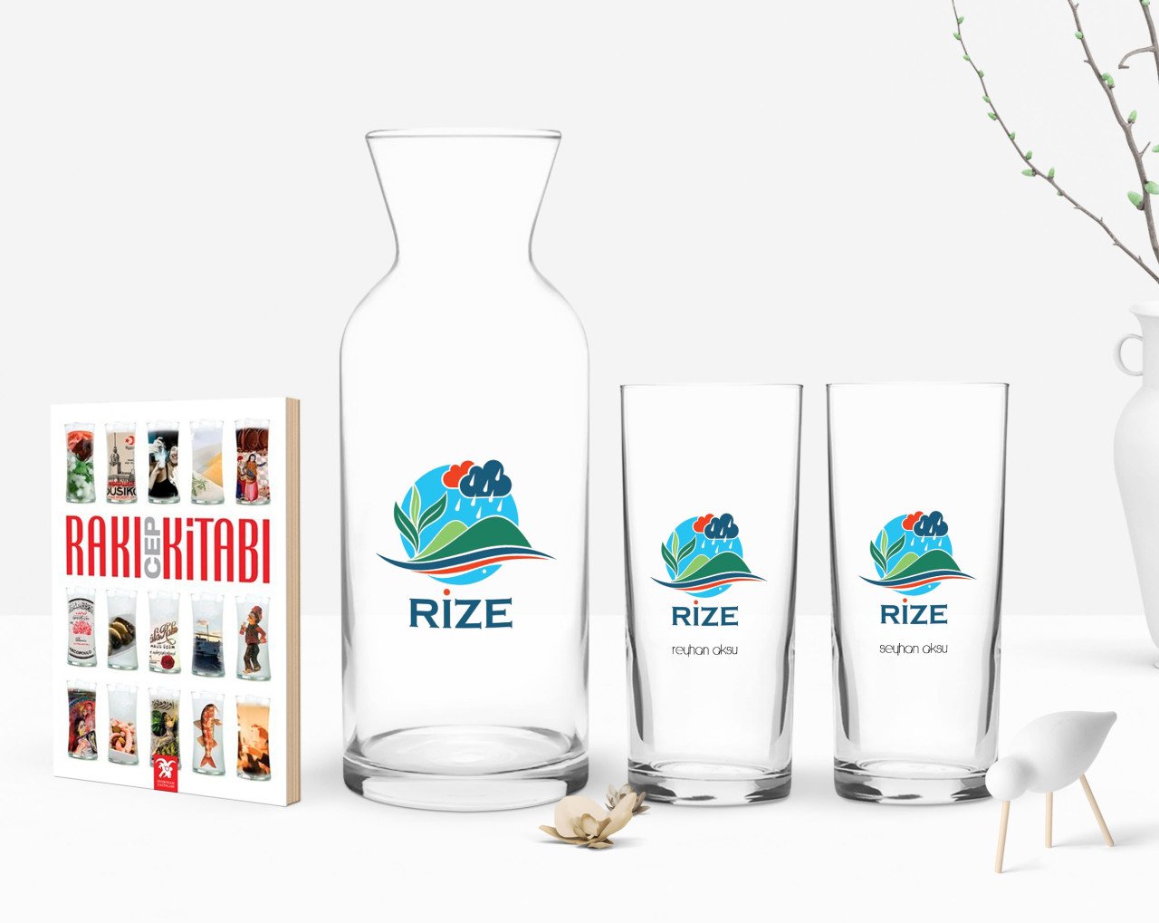 Kişiye Özel Renkli Baskılı Rize Tasarımlı Turistik İkili Rakı Bardağı Karaf ve Cep Kitabı Hediye Seti-1