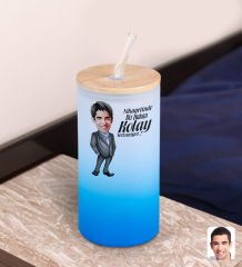 BK Gift Karikatürlü Mavi Renk Pipetli Buzlu Cam Bardak 600ml - 2, Arkadaşa Hediye, Doğum Günü Hediyesi