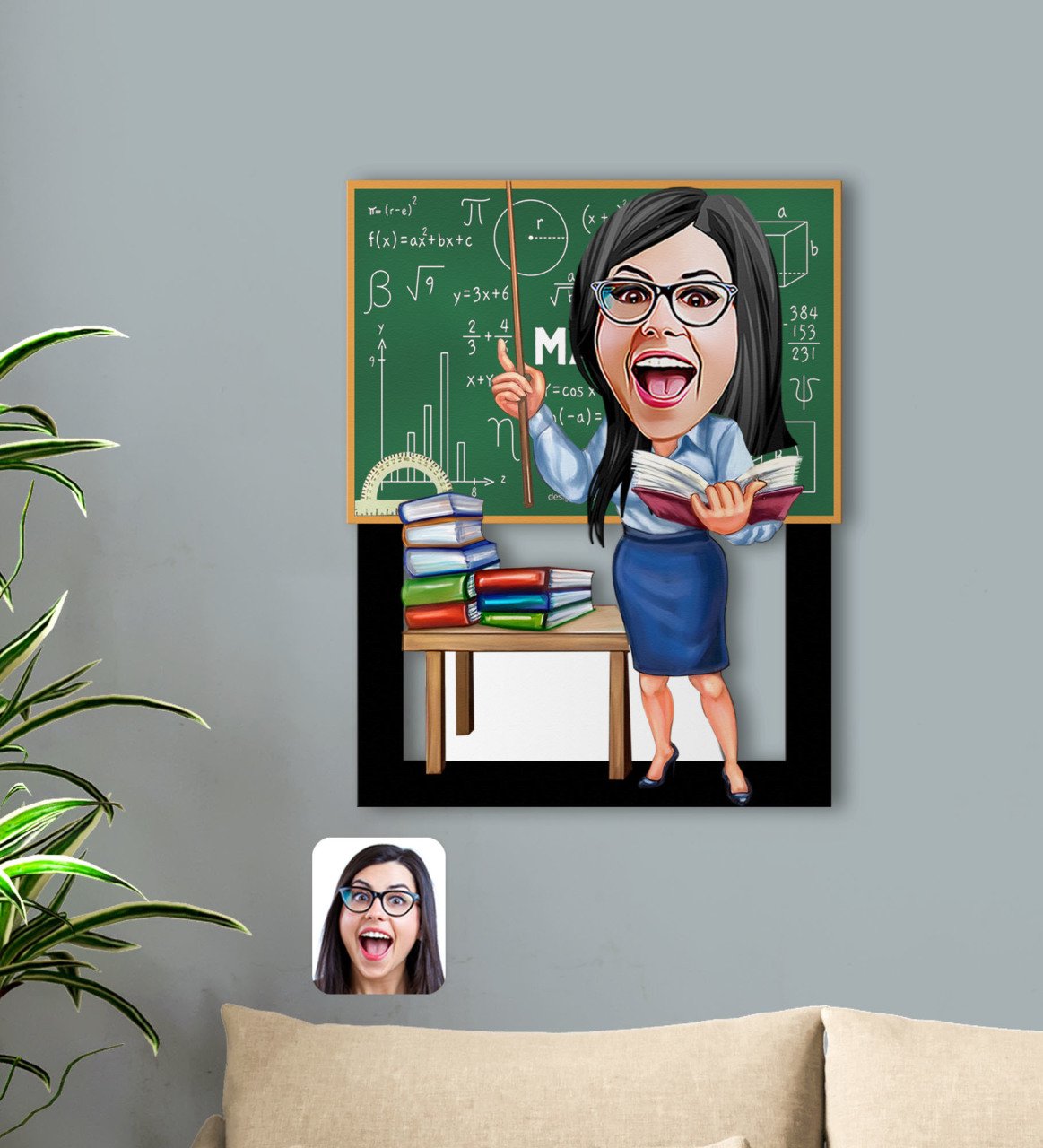 Kişiye Özel Kadın Matematik Öğretmeni Karikatürlü 3D Ahşap Tablo-1