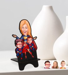Kişiye Özel Süper Anne ve Süper Çocuklar Karikatürlü Ahşap Biblo Telefon Standı-1