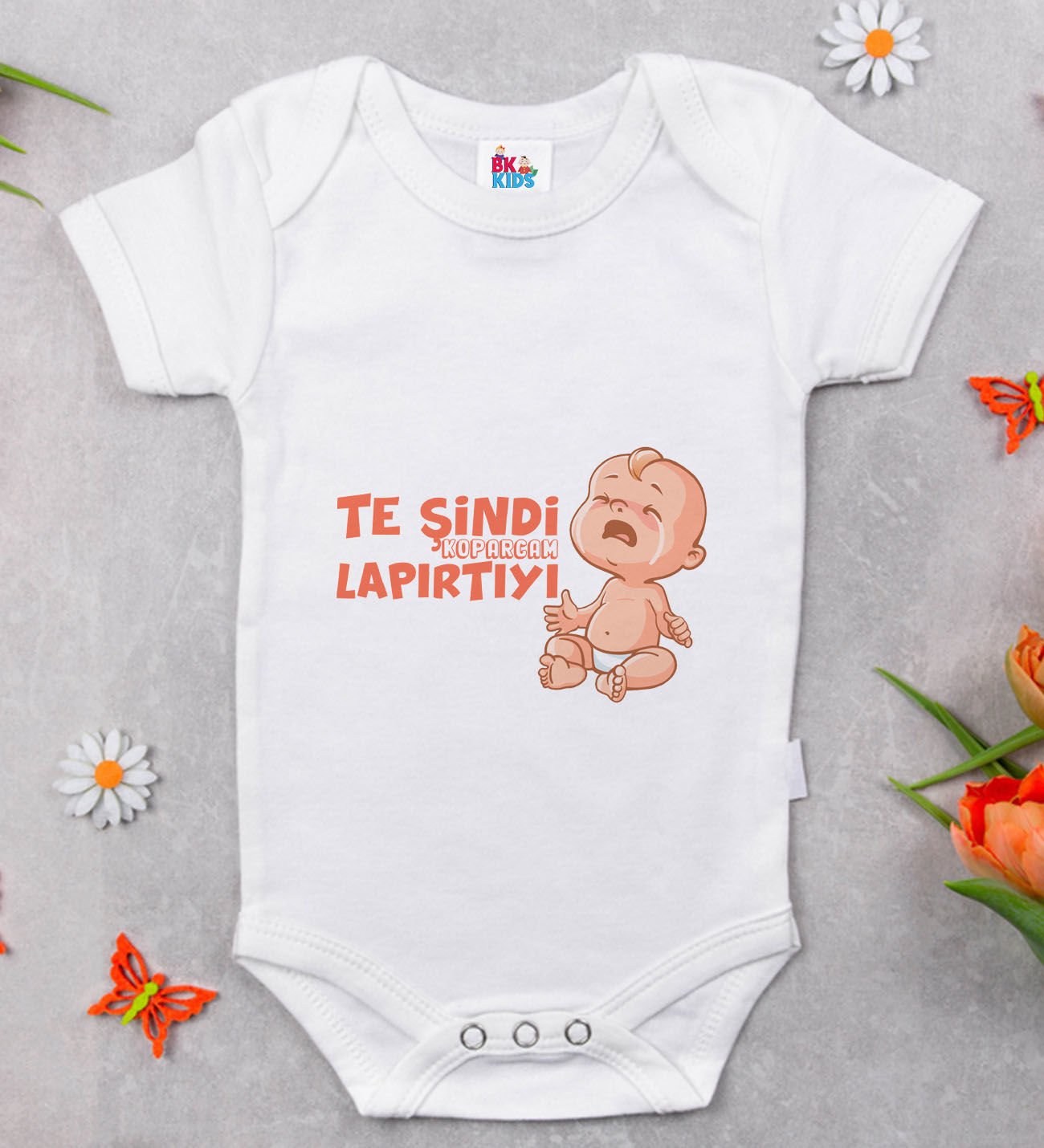BK Kids Te Şindi Koparacam Tasarımlı Beyaz Bebek Body Zıbın-1