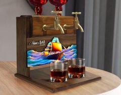 BK Gift Kişiye Özel Kabartma Gemi Tasarımlı Çift Musluklu Doğal Ahşap İçki Standı-13, İçki Standı, Doğum Günü Hediyesi, Ev Hediyesi, Erkek Hediye