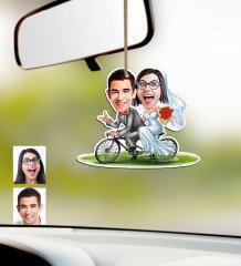 Kişiye Özel Evleniyoruz Karikatürlü Ahşap Araba Dikiz Ayna Süsü-3