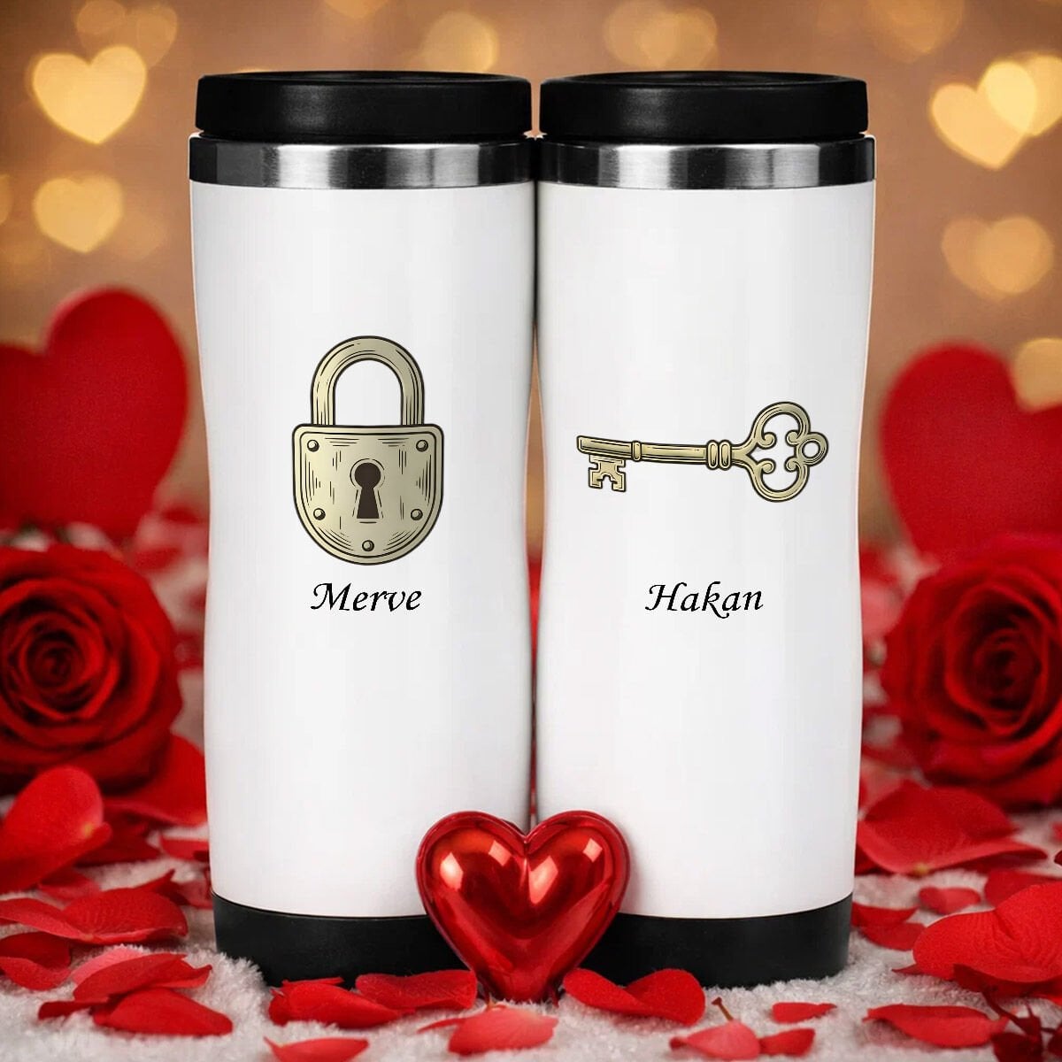 BK Gift Kişiye Özel Çift Sevgili Tasarımlı İkili Çelik Termos Bardak -7, Sevgiliye Hediye, Sevgililer Günü Hediyesi