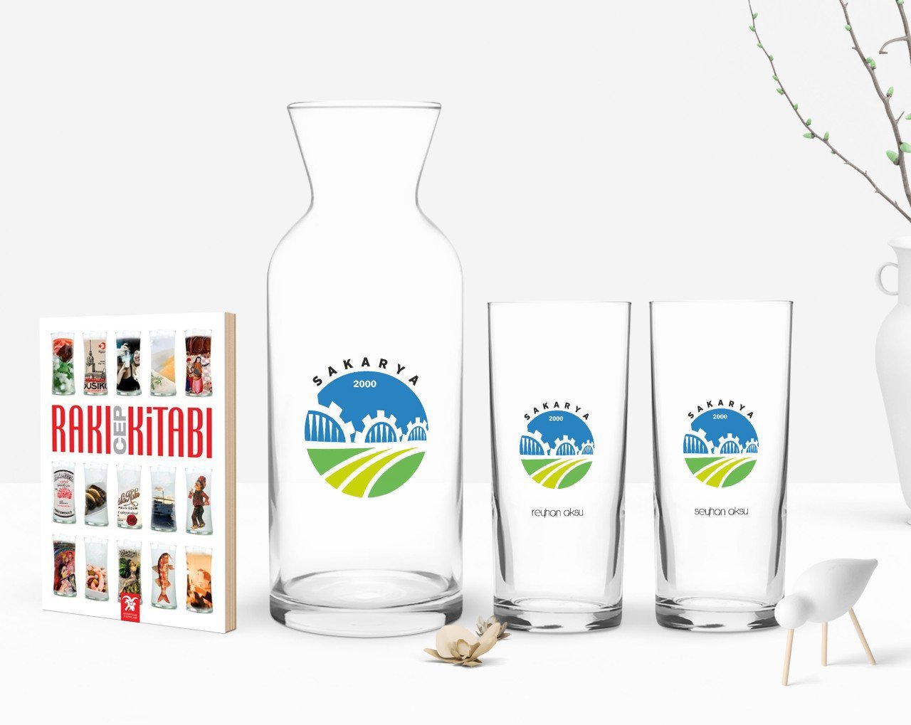 Kişiye Özel Renkli Baskılı Sakarya Tasarımlı Turistik İkili Rakı Bardağı Karaf ve Cep Kitabı Hediye Seti-1