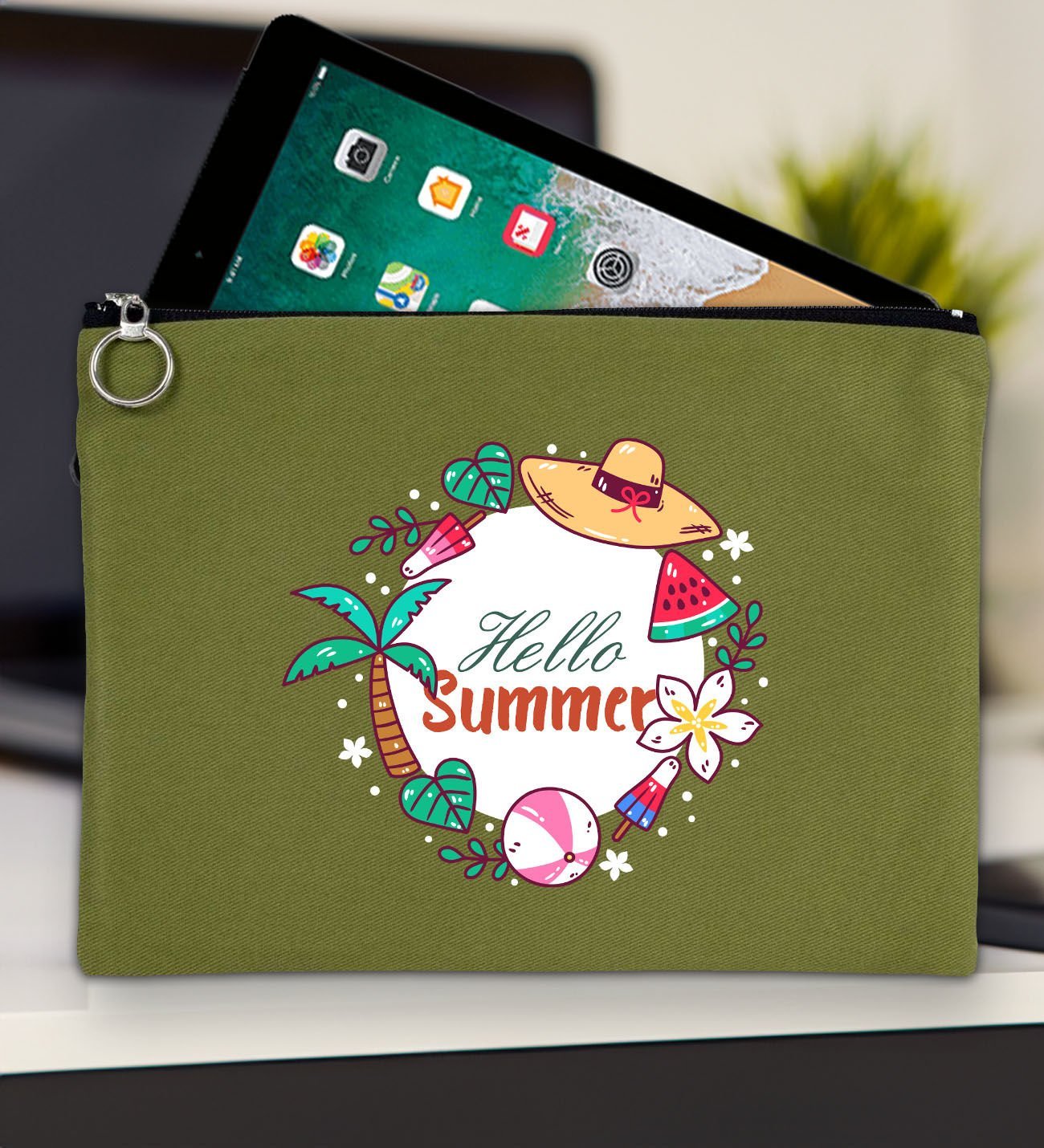 BK Gİft Yaz Temalı-4 Yeşil Tablet Çantası 30x21cm, Ipad Çantası, Baskılı Tablet Kılıfı