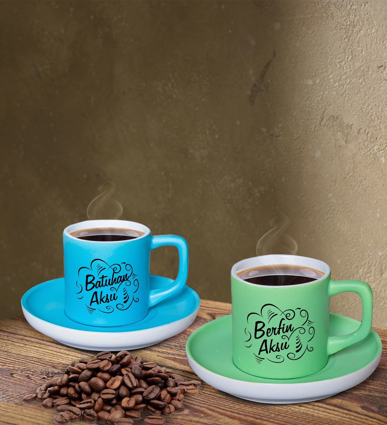 BK Gift Kişiye Özel İsimli Mavi ve Yeşil Renk İkili Türk Kahvesi Fincan Seti-6, Ev Hediyesi, Arkadaşa Hediye, Doğum Günü Hediyesi