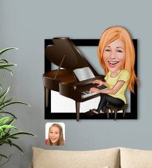 Kişiye Özel Kadın Müzik Öğretmeni Karikatürlü 3D Ahşap Tablo-1