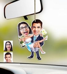 Kişiye Özel Evleniyoruz Karikatürlü Ahşap Araba Dikiz Ayna Süsü-4