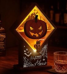 BK Gift Kişiye Özel Halloween Tasarımlı Viski Çeşmesi | LED Işıklı ve Balkabağı Oymalı Tasarımlı Özel İsimli Cadılar Bayramı Ahşap Viski Çeşmesi