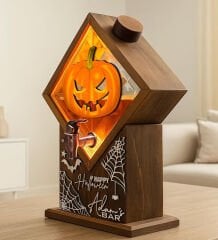 BK Gift Kişiye Özel Halloween Tasarımlı Viski Çeşmesi | LED Işıklı ve Balkabağı Oymalı Tasarımlı Özel İsimli Cadılar Bayramı Ahşap Viski Çeşmesi