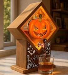 BK Gift Kişiye Özel Halloween Tasarımlı Viski Çeşmesi | LED Işıklı ve Balkabağı Oymalı Tasarımlı Özel İsimli Cadılar Bayramı Ahşap Viski Çeşmesi