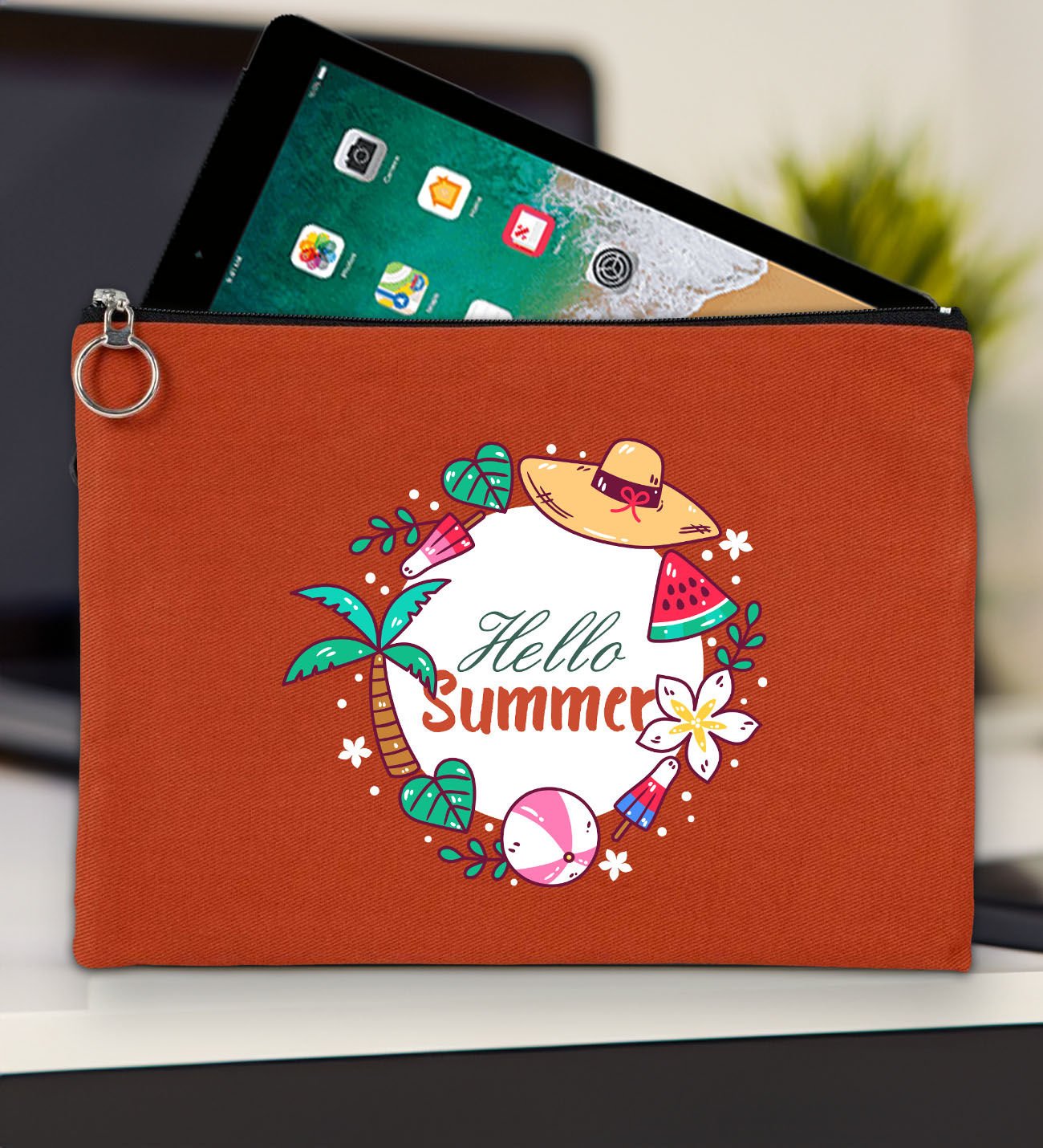 BK Gİft Yaz Temalı-4 Kiremit Tablet Çantası 30x21cm, Ipad Çantası, Baskılı Tablet Kılıfı