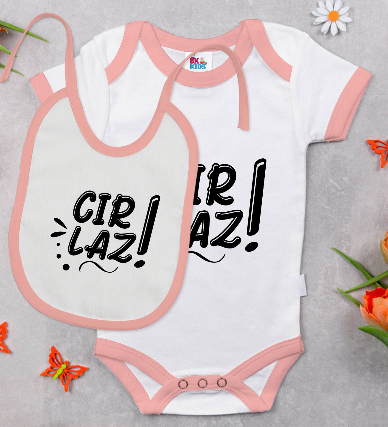 BK Kids Cırlaz Tasarımlı Pembe Bebek Body Zıbın ve Mama Önlüğü Hediye Seti-1