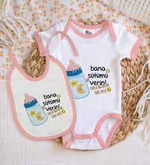 BK Kids Kişiye Özel Bana Sütümü Verin Tasarımlı Pembe Bebek Body Zıbın ve Mama Önlüğü Hediye Seti