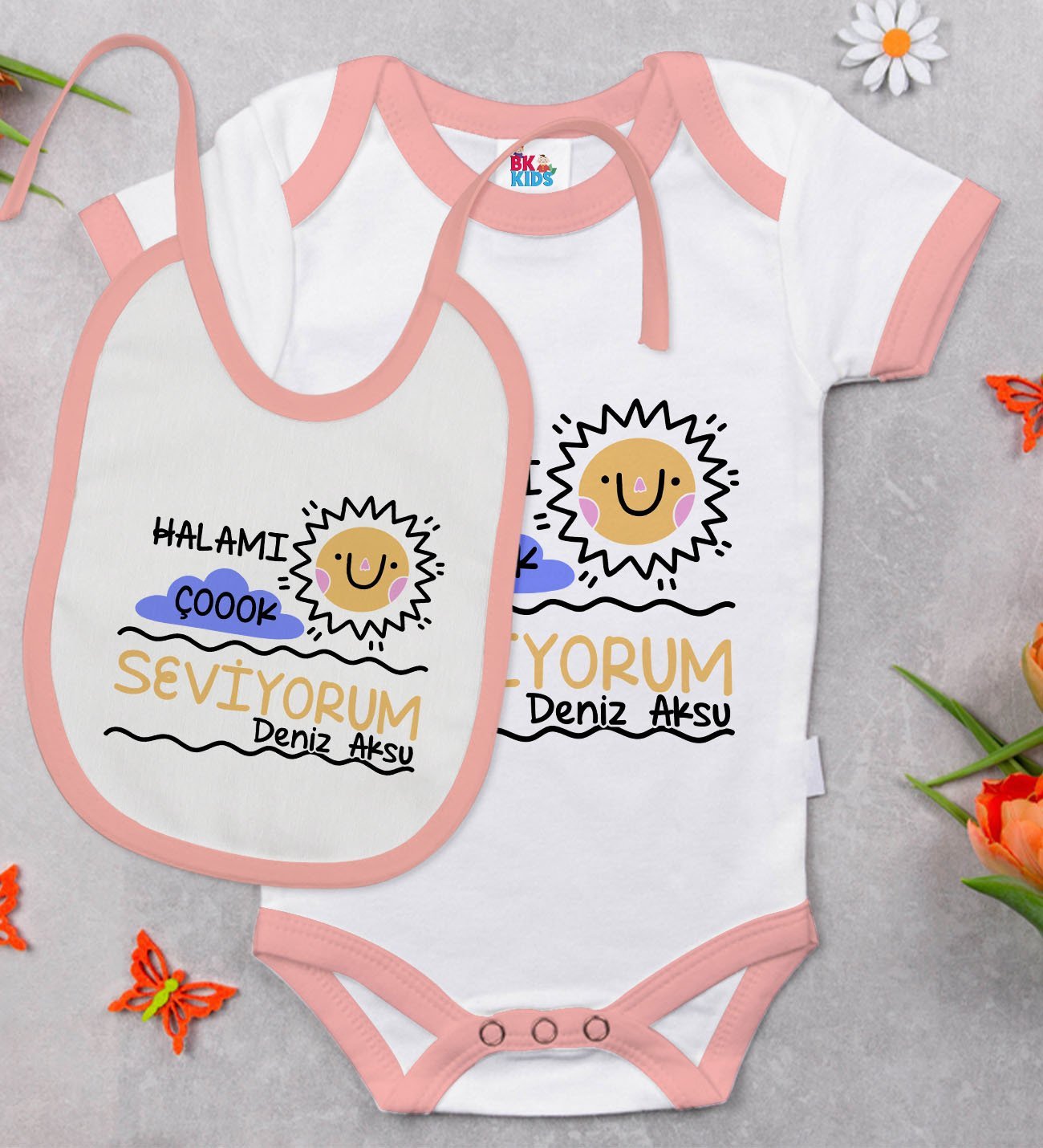 BK Kids Kişiye Özel Halamı Çok Seviyorum Tasarımlı Pembe Bebek Body Zıbın ve Mama Önlüğü Hediye Seti