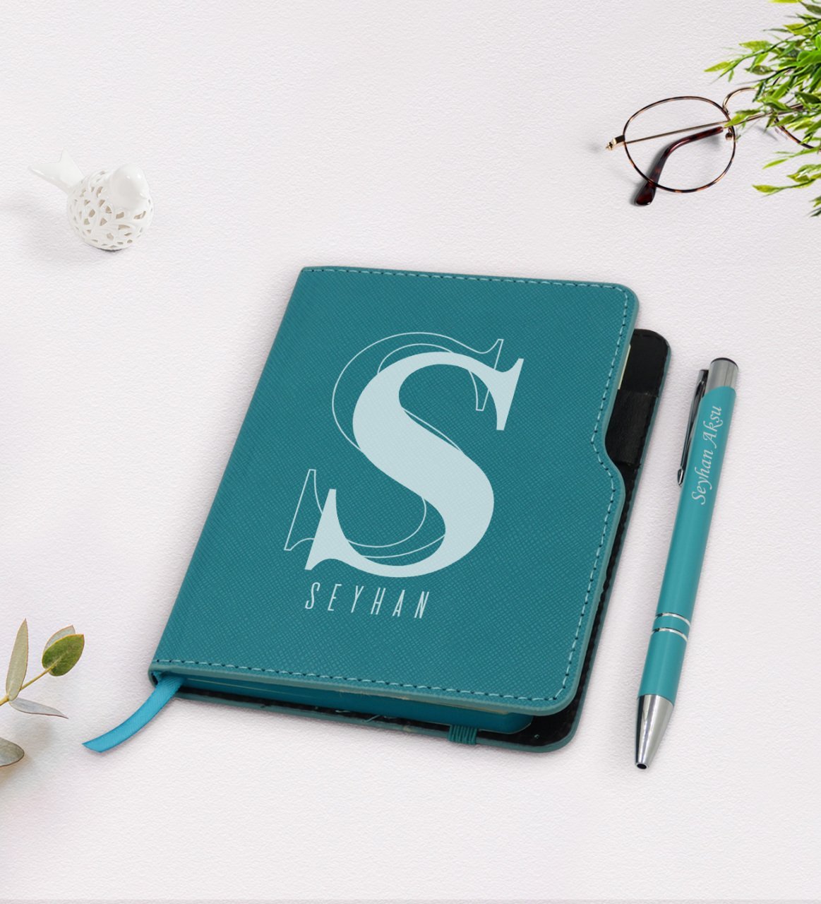 Kişiye Özel İsimli Turkuaz Termo Deri Defter Kalem Seti-34