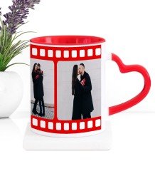 Kişiye Özel 3 Fotoğraflı Nostaljik Film Şeridi Kırmızı Kalpli Kupa Bardak