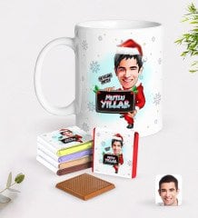 Kişiye Özel Erkek Yeni Yıl Karikatürlü Beyaz Kupa ve Çikolata Hediye Seti-1