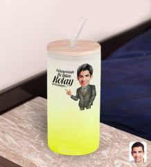 BK Gift Karikatürlü Sarı Renk Pipetli Buzlu Cam Bardak 600ml - 1, Arkadaşa Hediye, Doğum Günü Hediyesi