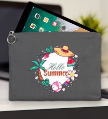 BK Gİft Yaz Temalı-4 Antrasit Tablet Çantası 30x21cm, Ipad Çantası, Baskılı Tablet Kılıfı