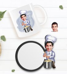 Kişiye Özel Erkek Aşçı Karikatürlü Beyaz Kupa ve Ahşap Bardak Altlığı Hediye Seti-1