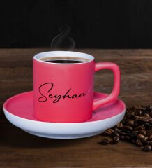 BK Gift Kişiye Özel İsimli Mat Fuşya Renk Türk Kahvesi Fincanı-105, Renkli Türk Kahvesi Fincanı