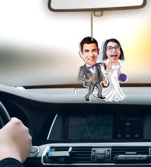 Kişiye Özel Evleniyoruz Karikatürlü Ahşap Araba Dikiz Ayna Süsü-6