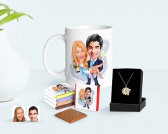 Kişiye Özel Sevgililer Günü Temalı Evleniyoruz Karikatürlü Kupa Çikolata ve Çift İsimli Papatya Kolye Seti-4