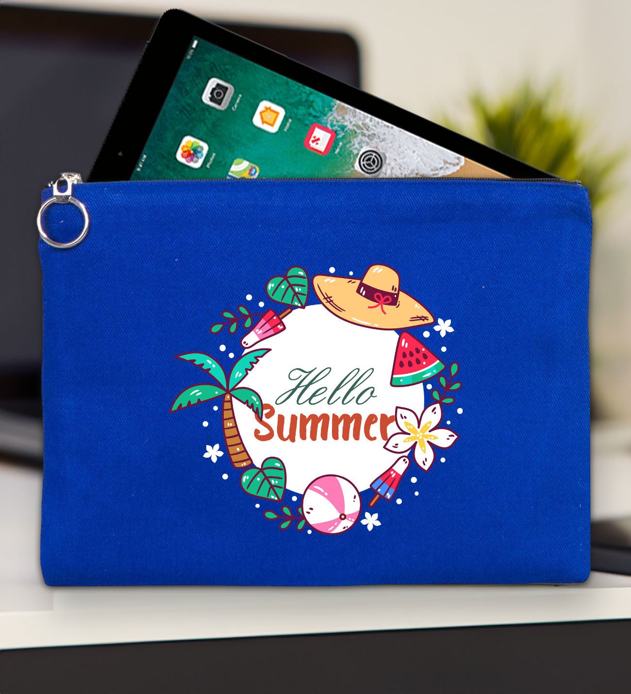 BK Gİft Yaz Temalı-4 Mavi Tablet Çantası 30x21cm, Ipad Çantası, Baskılı Tablet Kılıfı