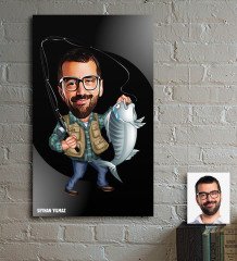 Kişiye Özel Bay Balıkçı Karikatür Ahşap Tablo - 1