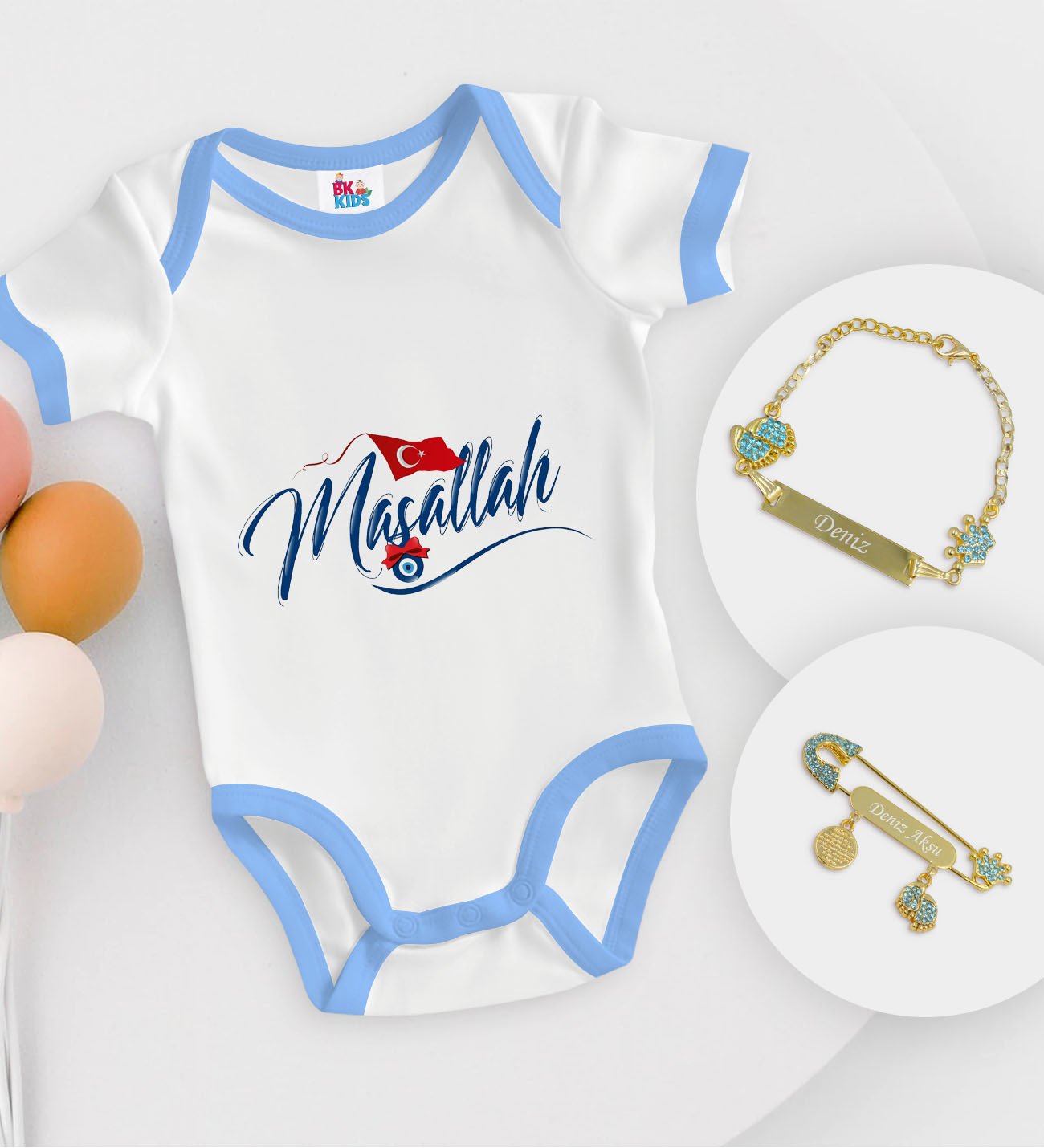 BK Kids Kişiye Özel Maşallah Tasarımlı Mavi Bebek Body Zıbın Erkek Bebek Künyesi ve İğnesi Hediye Seti-3