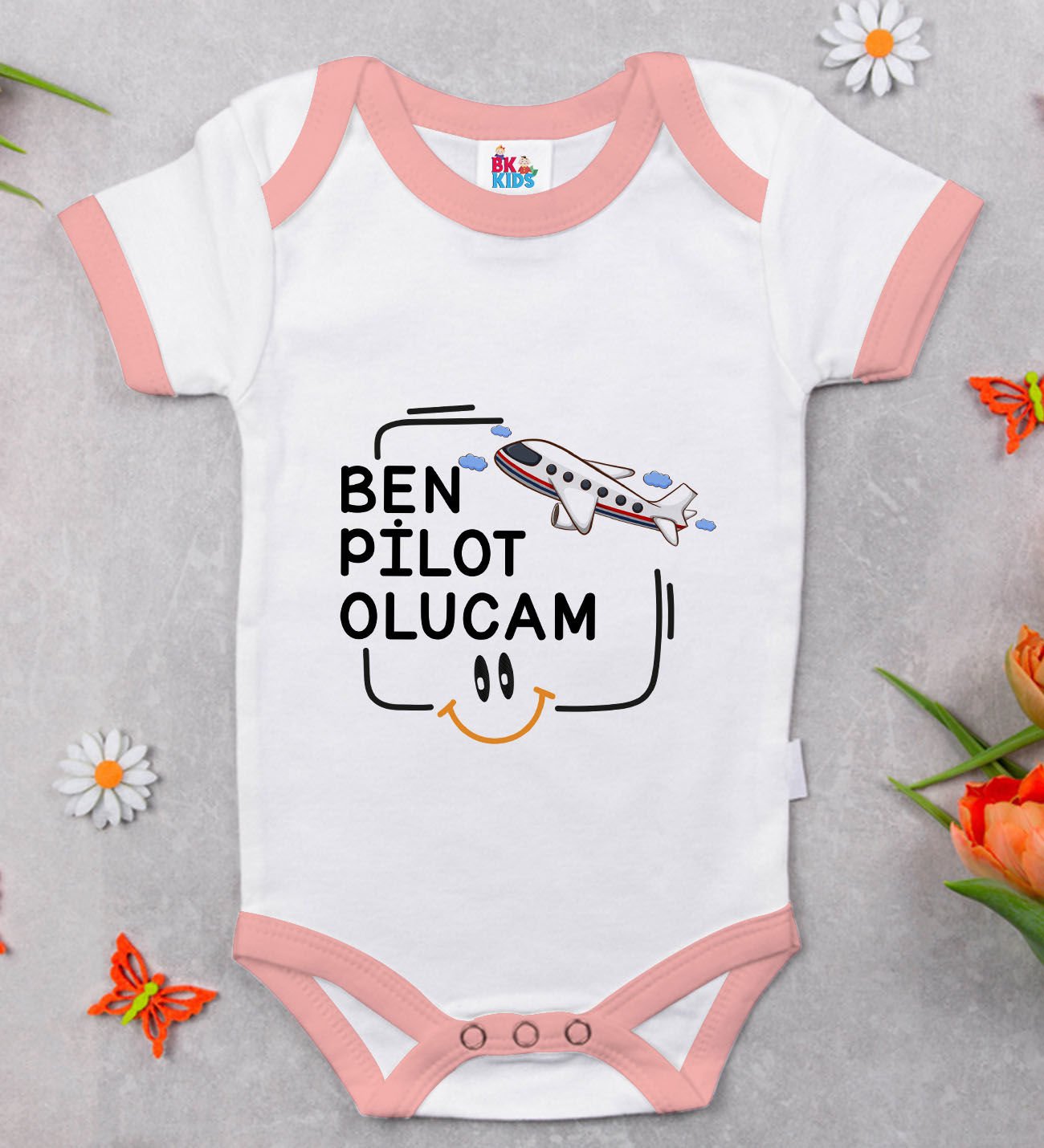 BK Kids Pilot Olucam Tasarımlı Pembe Bebek Body Zıbın-1
