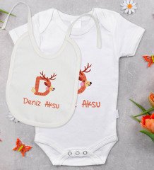 BK Kids Kişiye Özel Harfli Bebek Body Zıbın ve Mama Önlüğü Hediye Seti - Model 2