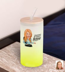 BK Gift Karikatürlü Sarı Renk Pipetli Buzlu Cam Bardak 600ml - 3, Arkadaşa Hediye, Doğum Günü Hediyesi