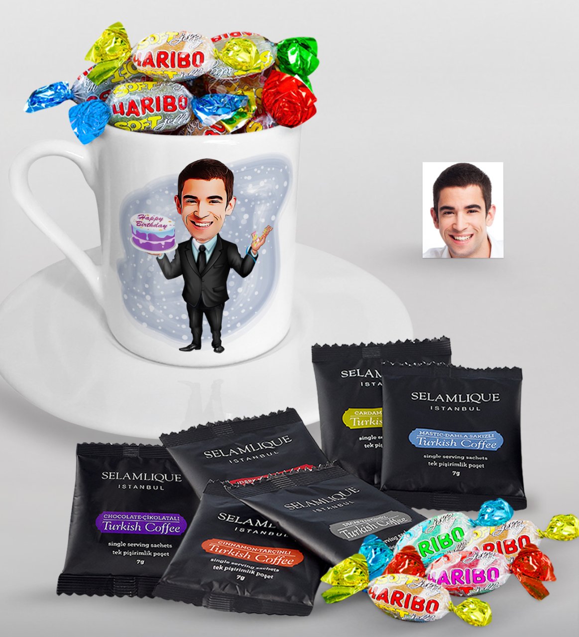 Kişiye Özel Bay Doğum Günü Karikatürlü Türk Kahvesi Fincanı Selamlique Karışık Türk Kahvesi ve Haribo Şeker Hediye Seti-2