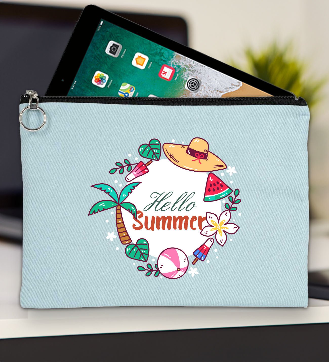BK Gİft Yaz Temalı-4 Açık Mavi Tablet Çantası 30x21cm, Ipad Çantası, Baskılı Tablet Kılıfı