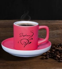 BK Gift Kişiye Özel İsimli Mat Fuşya Renk Türk Kahvesi Fincanı-122, Renkli Türk Kahvesi Fincanı