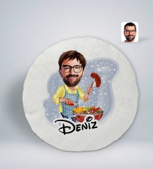 Kişiye Özel İsimli Erkek Mangalcı Karikatürlü Yuvarlak Araç Koltuk Yastığı-1