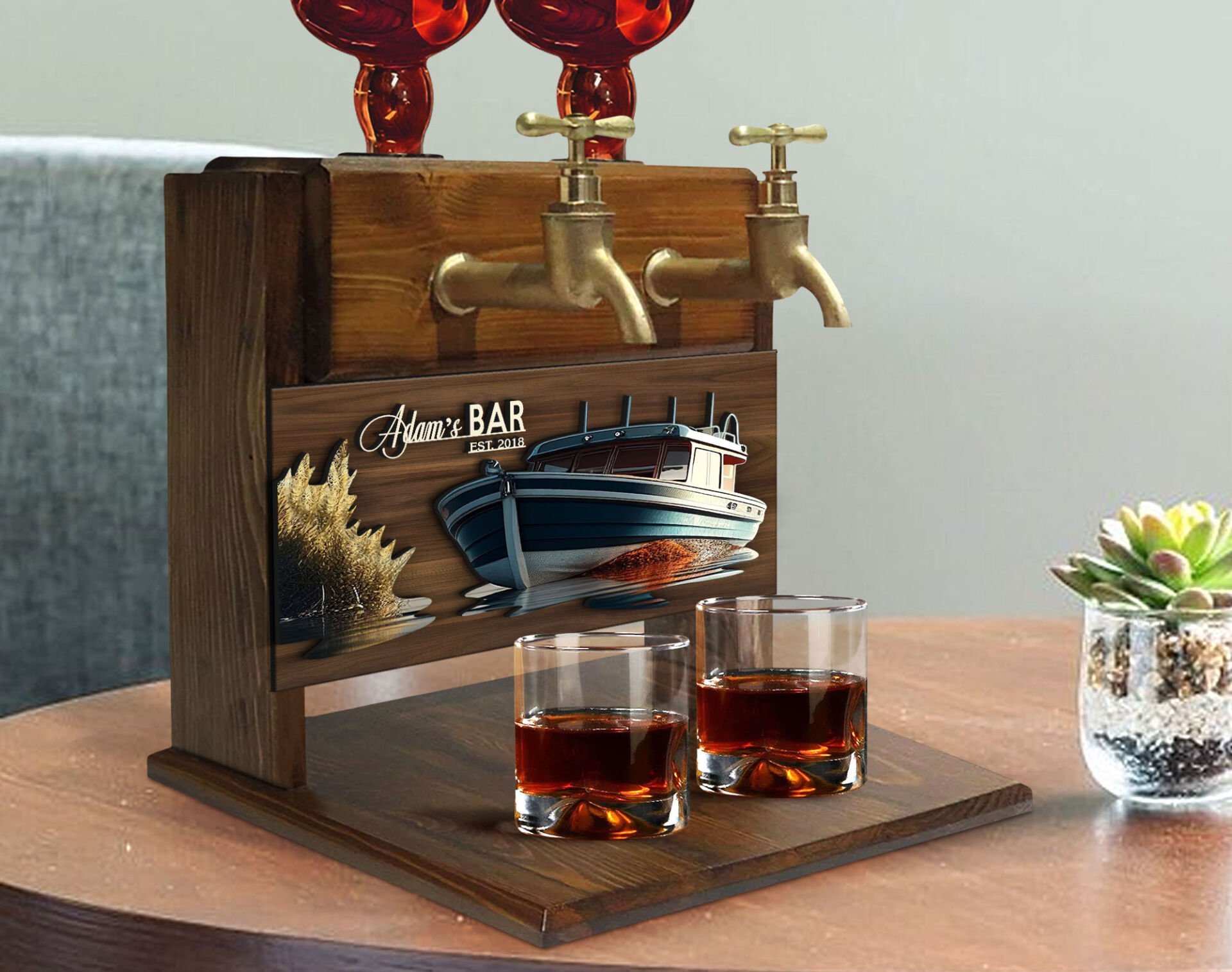 BK Gift Kişiye Özel Kabartma Gemi Tasarımlı Çift Musluklu Doğal Ahşap İçki Standı-19, İçki Standı, Doğum Günü Hediyesi, Ev Hediyesi, Erkek Hediye