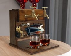 BK Gift Kişiye Özel Kabartma Gemi Tasarımlı Çift Musluklu Doğal Ahşap İçki Standı-19, İçki Standı, Doğum Günü Hediyesi, Ev Hediyesi, Erkek Hediye