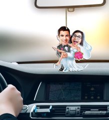 Kişiye Özel Evleniyoruz Karikatürlü Ahşap Araba Dikiz Ayna Süsü-9