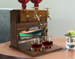BK Gift Kişiye Özel Kabartma Gemi Tasarımlı Çift Musluklu Doğal Ahşap İçki Standı-20, İçki Standı, Doğum Günü Hediyesi, Ev Hediyesi, Erkek Hediye